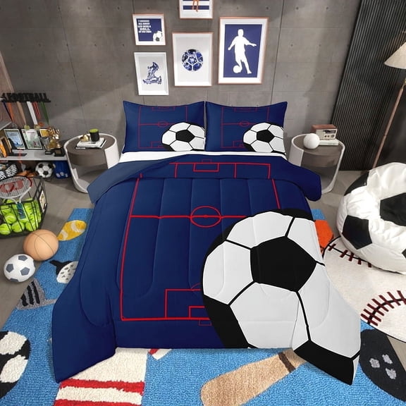 Football Bedding Set Full Size Soccer Comforter Set Teens,Sports Theme Down Comforter Blue Red Ball Gaming Quilt Bed Set Football Bedroom Decor with 2 Pillowcases