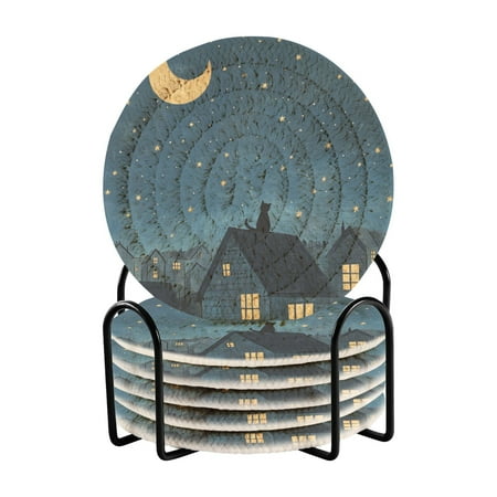 

WOBOGO Illustration Of Cat Sitting on Roof Coil Coasters Set of 6 Minimalist Cotton Woven 3.94 inch Non-Slip Insulated and Absorbent Home Accessories.