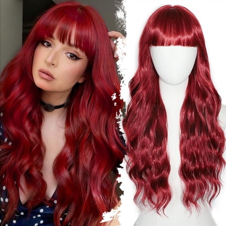 Red Wig with Bangs Long curly wavy Wigs for Women Natural Red hair Heat Resistant Synthetic Wigs for Daily Party Use 26IN