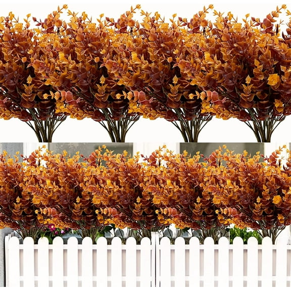 Fall Artificial Flowers UV Resistant Plants Fall Decorations, Faux Plastic Eucalyptus Greenery Shrubs Fake Plant Autumn Indoor Outdoor Home Fireplace Garden Thanksgiving Decor(Fall Orange)