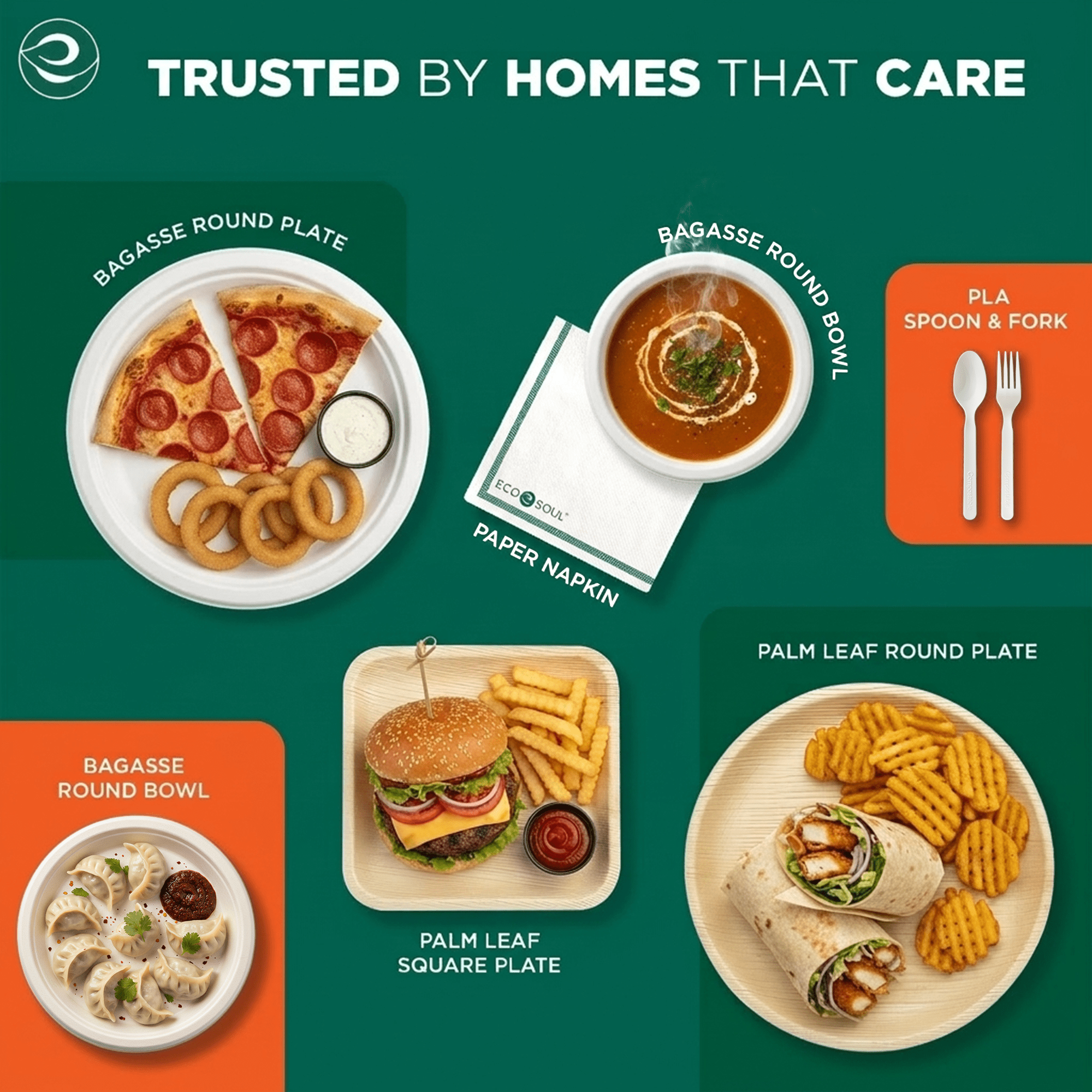 EcoSoul Compostable Dinnerware Set for 40 Guests, with Sugarcane Bagasse Plates, Bowls, Cups, Cutlery, Napkins and Compost Waste Bags - 335 Count