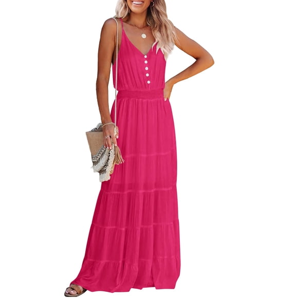 Vestido maxi sin mangas con tirantes finos PRETTYGARDEN color rosa oscuro talla M
