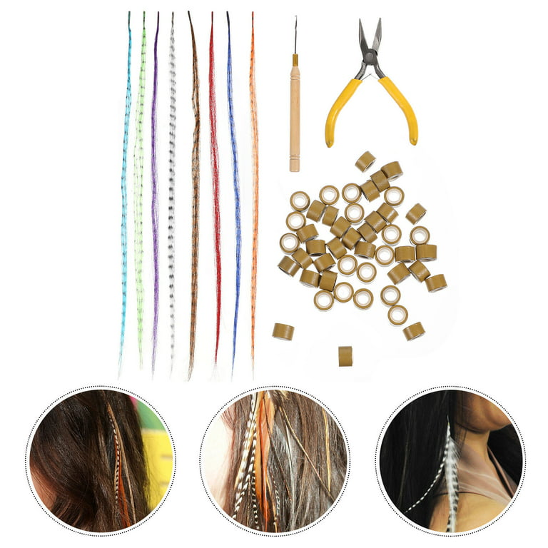 NEW 7-11 Feather Hair Extension Kit 10 Long Multi color Genuine Single  Feathers + 10 Micro Beads & hook Tool (You will get mixed colors)