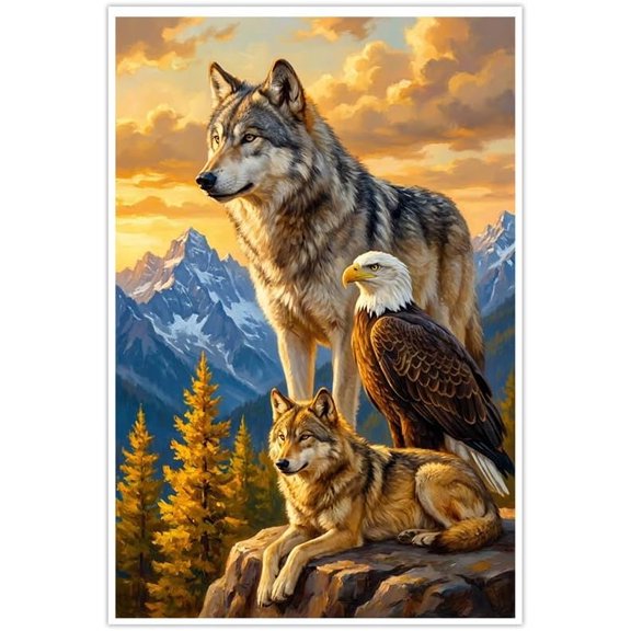 Majestic Wolf Bald Eagle Mountain Landscape Wildlife Wall Art Poster Print
