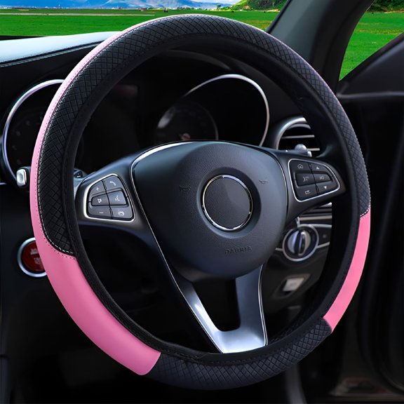 MELIVO 15 Inch Pink Leather Steering Wheel Cover, Universal Anti-Slip Car Accessory for Women