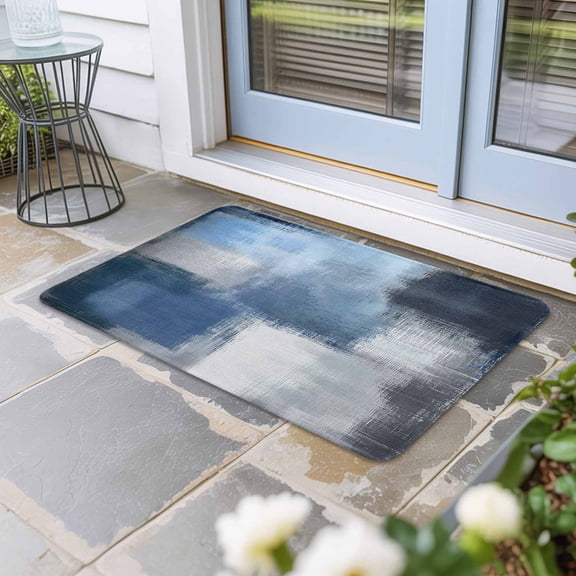 Navy Blue Ombre Door Mat Indoor Outdoor, Modern Oil Painting Geometric Non Slip Welcome Mat with Rubber Backing, Absorbent Fabric Front Door Mats Entryway Rug for Home Patio Entrance 20"x31.5"