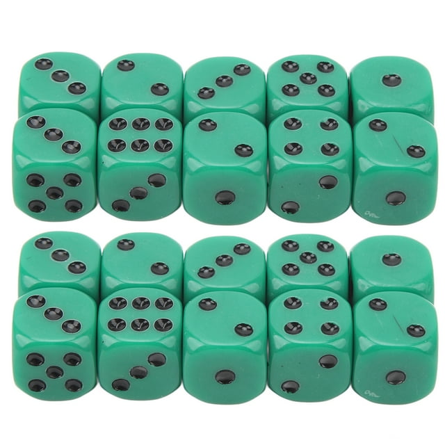 Juego de 20 dados de 16 mm con esquinas redondeadas y 6 caras para juegos de mesa, juegos de matemáticas, puntos verdes y negros.