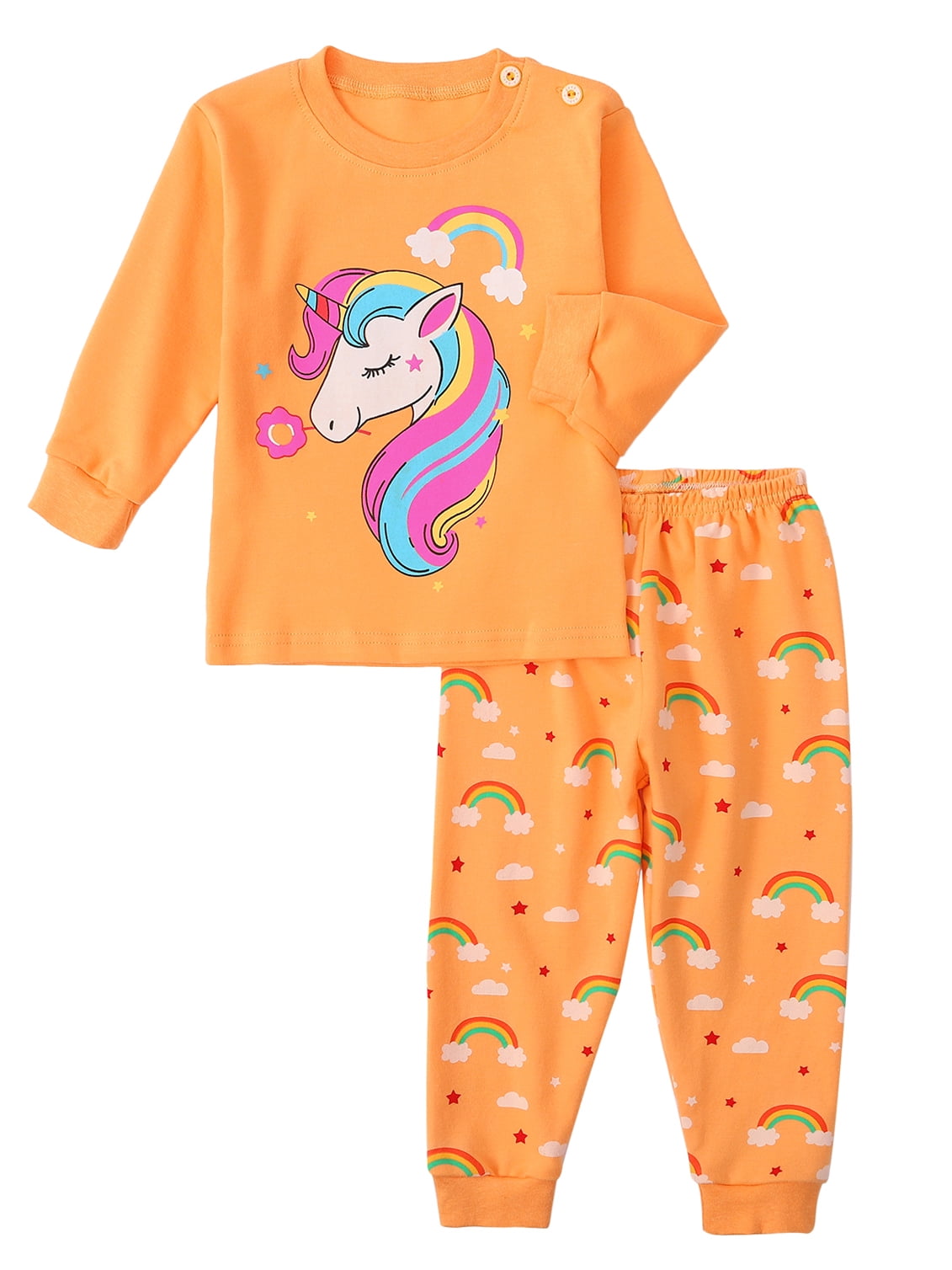 Toddler Baby Girls Snug Fit 2 Pc Set Unicorn Design Long Puff Sleeve Top and Pants 