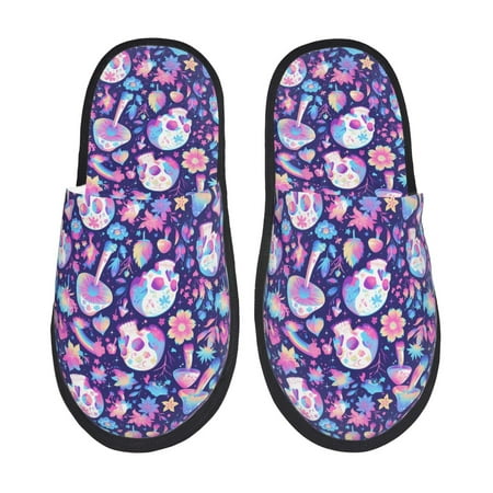 

Fuzoiu mushroom rainbow Skull cartoon Print Unisex Furry Slippers Plush Indoor Shoes Trendy House Slippers Anti-Skid EVA Sole House Shoes for Home Office and Travel -Large