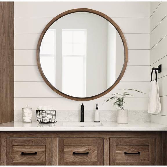 Kate and Laurel Hutton Round Decorative Wooden Frame Wall Mirror, 30 Inch Diameter, Natural Rustic, Modern Circle Bathroom Mirror for Over Sink with Thick Frame Profile