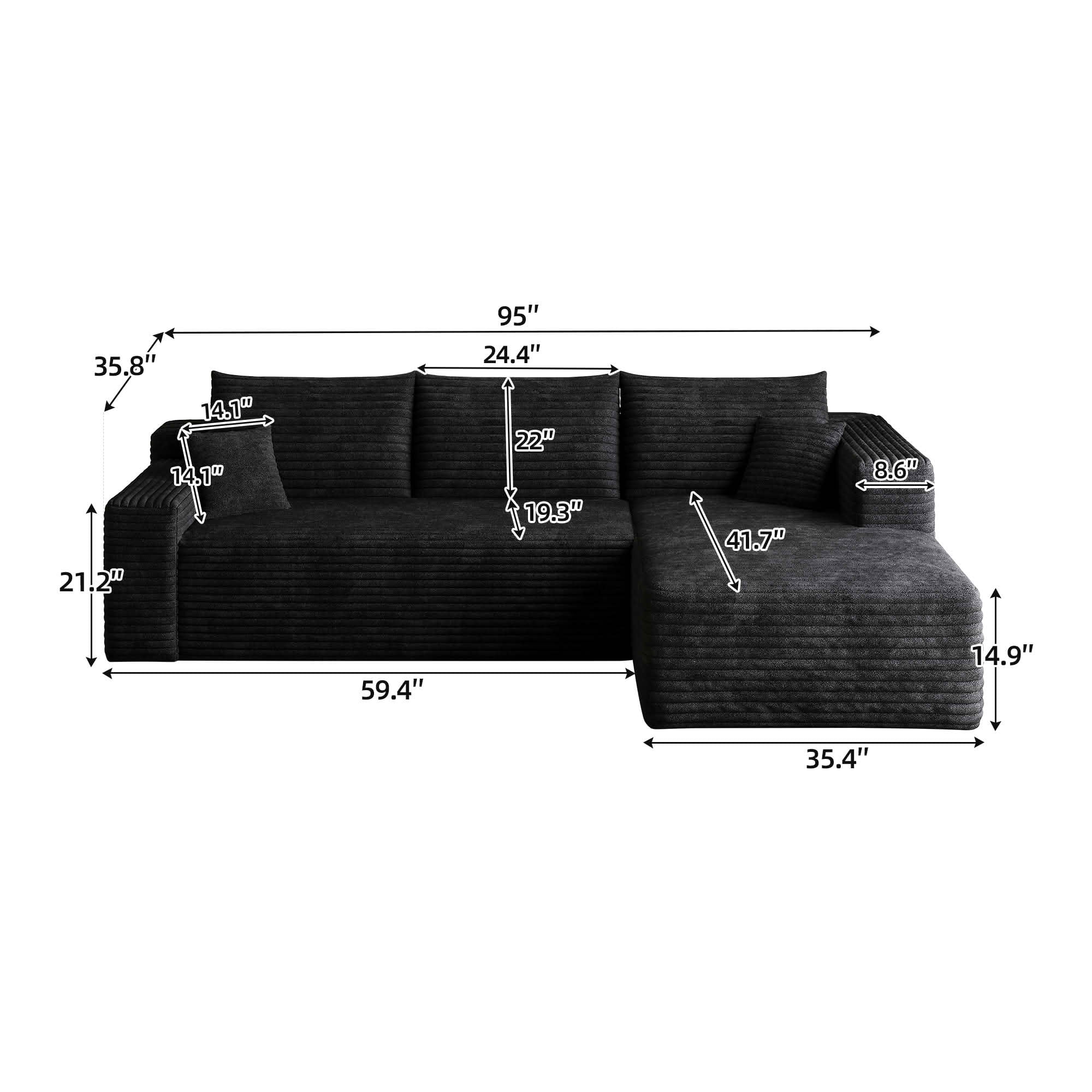 MAYEERTY 94-Inch Black Plush Corduroy 3-Seat U-Shaped Cloud Modular Sectional Sofa, Deep Seat Corner Couch No Assembly Required