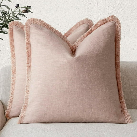 Set of 2 Decorative Linen Fringe Throw Pillow Covers Boho Farmhouse Cushion Cover with Tassels Soft Accent Pillowcase for Couch Chair Sofa Bed Living Room Home Decor,16×16 Inch,Light Pink