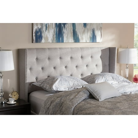 King Size Head Baxton Studio Ally Modern And Contemporary Grayish Beige Fabric Button-Tufted Nail head King Size Winged Headboard ()