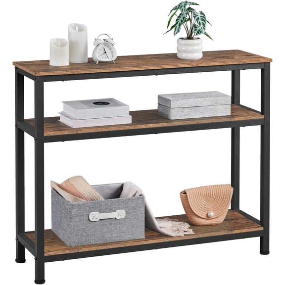 Industrial Console Table, 3 Tier Entryway Table with Storage Shelves, Narrow Sofa Table for Living Room, Foyer, Hallway, Entrance, Rustic Brown
