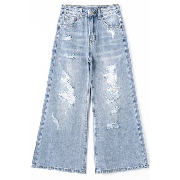 KIDSCOOL SPACE Girls Flare Jeans,Little Big Girl Ripped Wide Leg Soft Denim Pant,7-8 Years