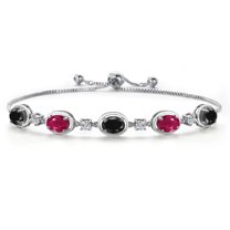 Gem Stone King 925 Sterling Silver Black Sapphire and Red Ruby and Lab Grown Diamond Bracelet for Women | 5.70 Cttw | Gemstone September Birthstone | Oval 7X5MM | Fully Adjustable 9 inch