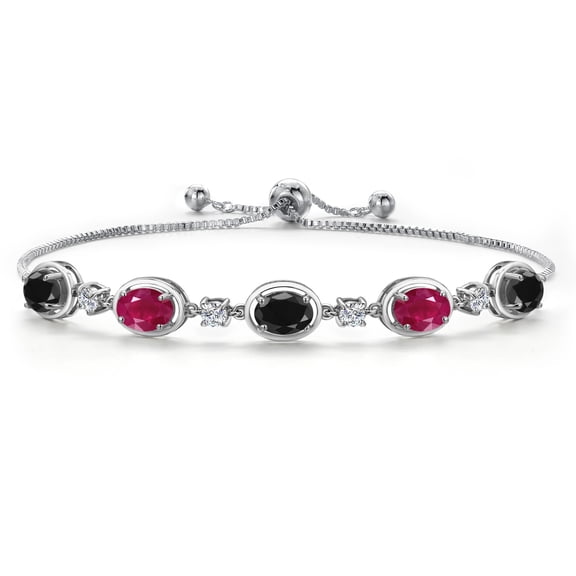 Gem Stone King 925 Sterling Silver Black Sapphire and Red Ruby and Lab Grown Diamond Bracelet for Women | 5.70 Cttw | Gemstone September Birthstone | Oval 7X5MM | Fully Adjustable 9 inch