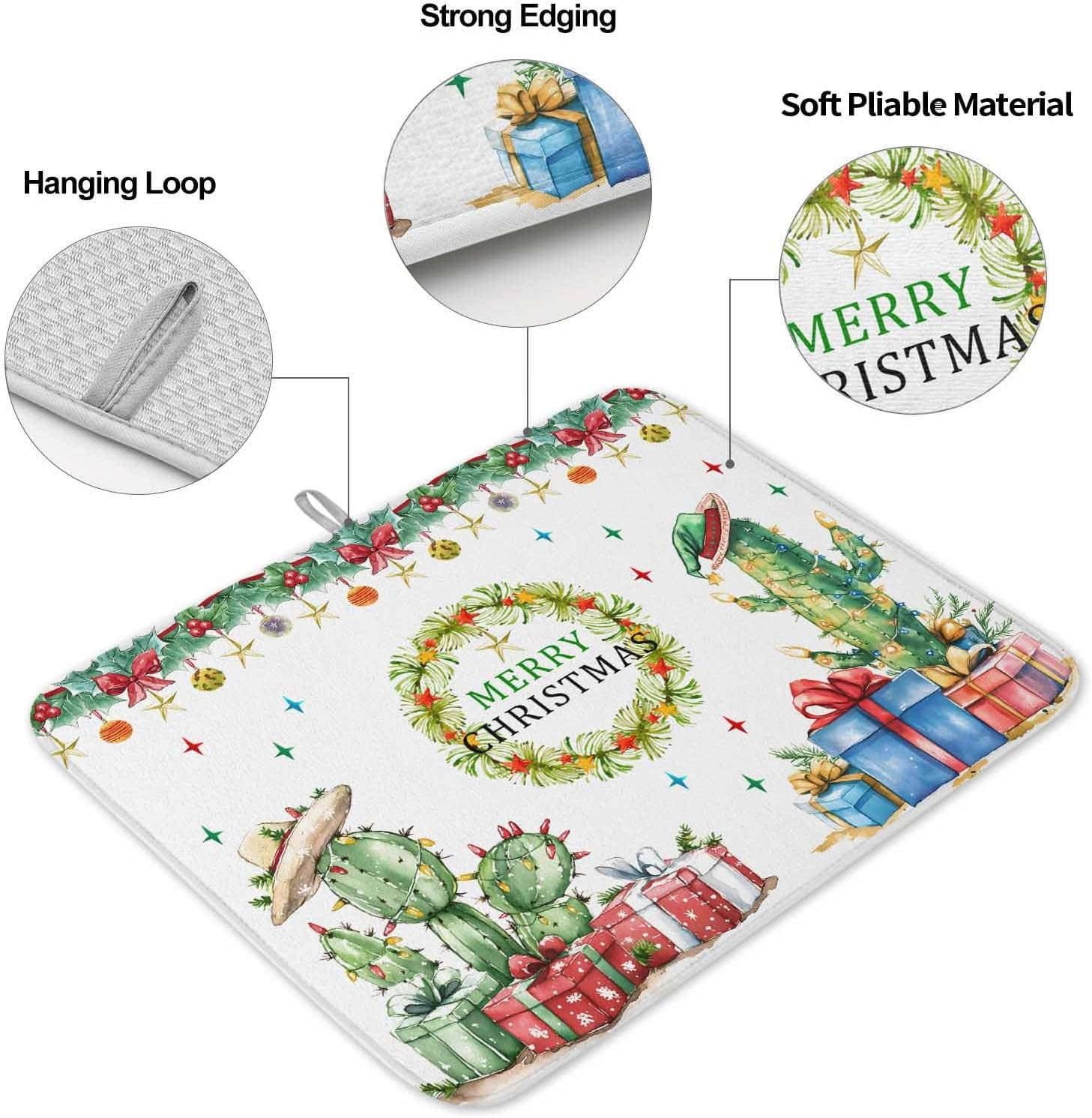 Christmas Cactus Dish Drying Mat for Kitchen Counter, Xmas Botanical Berry Baby Bottle Microfiber Drying Pad, Absorbent Coffee Cup Dishes Drainer Mats 18"x24", 1 Pcs