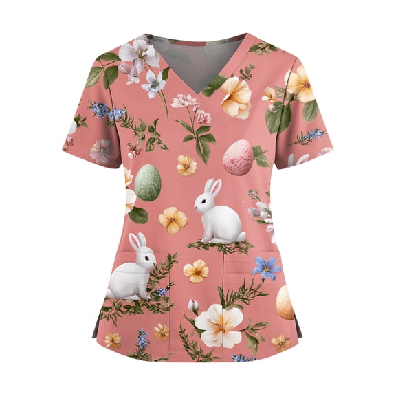 ASDFVBKG Medical Women's Easter Scrub Top Plus Size Short Sleeve V Neck Cute Bunny and Eggs Printed Nursing Uniform Pocket Casual Workwear Scrub Top Watermelon Red XL