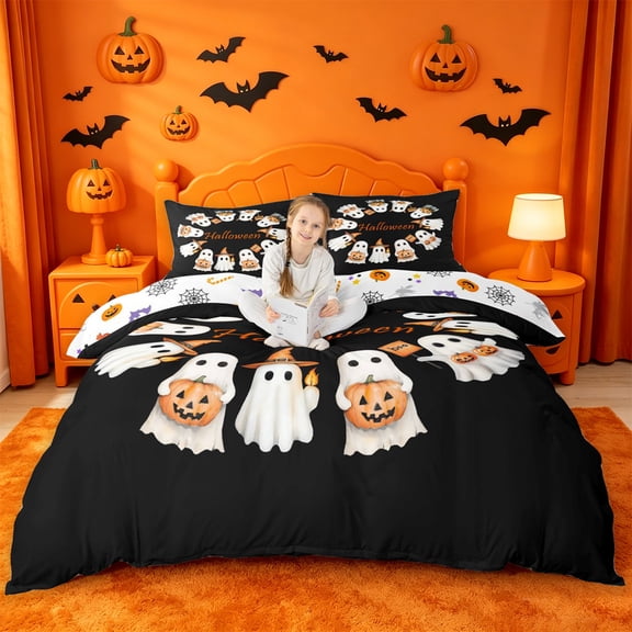 Homewish Warm Halloween Witch Ghost Bedding,Pumpkin Lantern Pattern Duvet Cover Full,Black Orange,Halloween Reversible,3-Piece,1 Duvet Cover and 2 Pillowcases