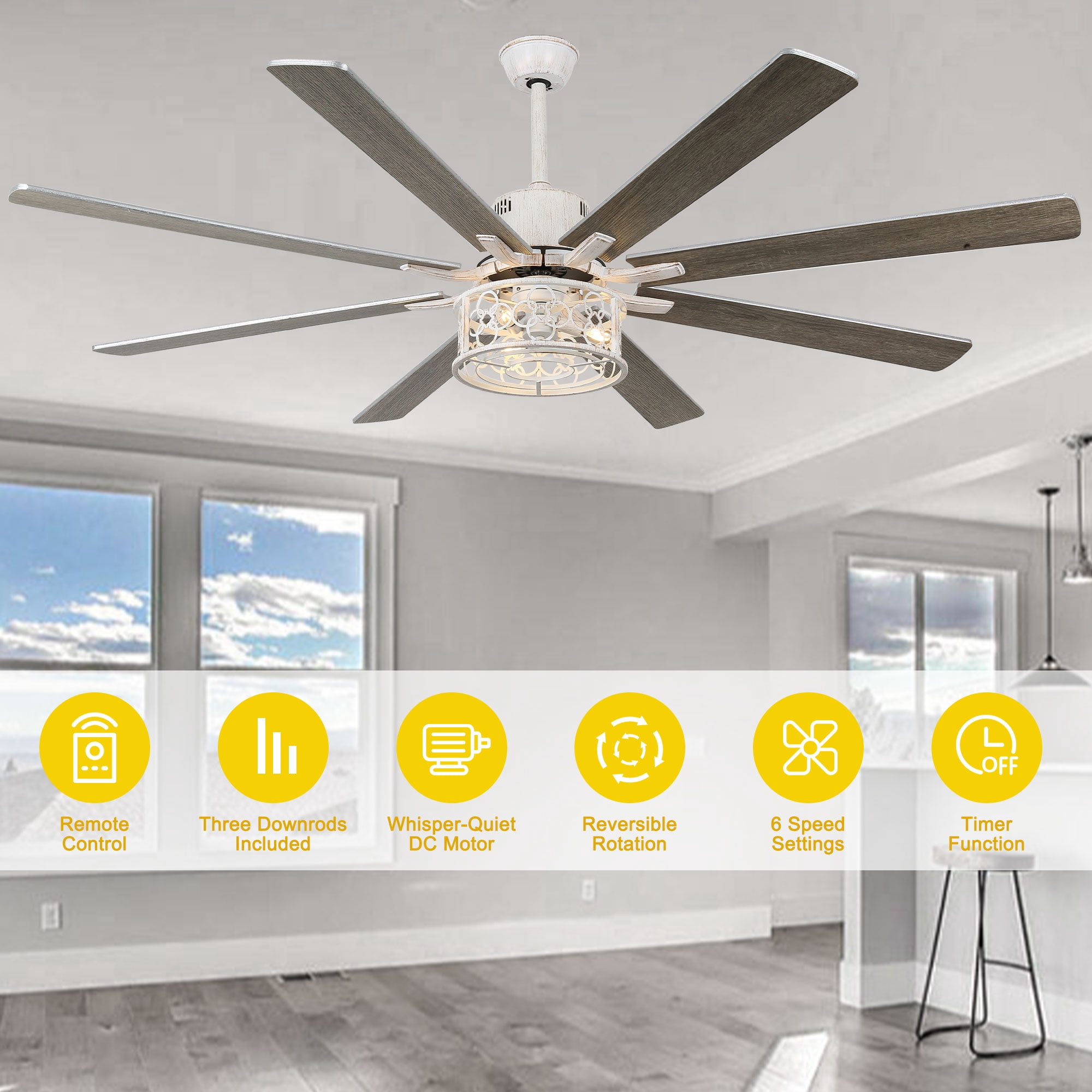 Chords Attic 72" Reversible 8-Blade Ceiling Fan with LED Lights, Remote 3-Color, 6-Speed and Timer