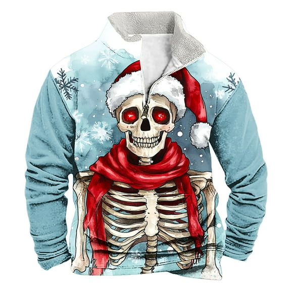 successthop Mens Christmas Sweatshirts Skeleton Quarter Zip Long Sleeve Top Pullover Sweater with Pocket Streetwear 3XL