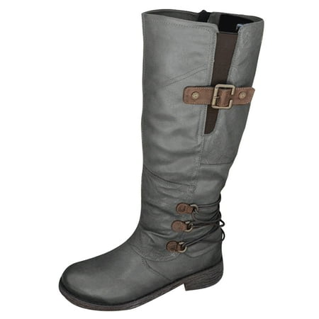 

Tenmix Womens Bike Bootie Mid Heel Slouch Boot Chunky Riding Boots Zip Up High Calf Booties Walking Lightweight Non Slip Winter Shoes Gray 6.5