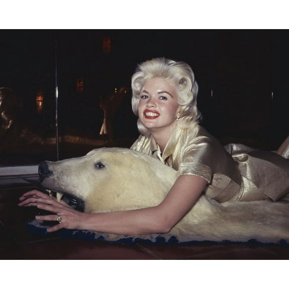Jayne Mansfield in gold dress lying on bear skin rug 24x36 Movie Poster HD Aluminum Wall Art