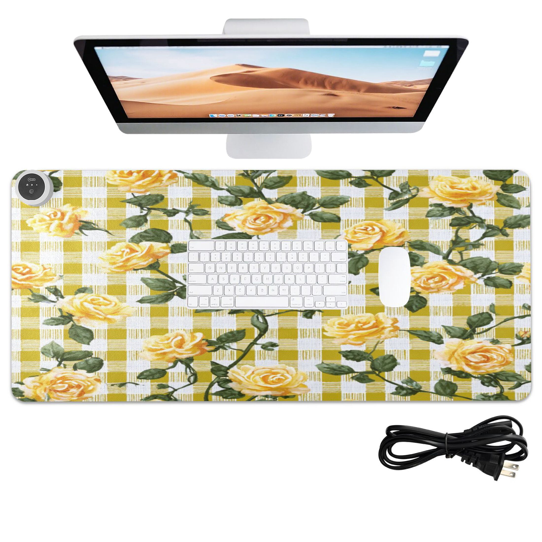 Large Heated Desk Mat Mouse Pad 31.5"x13"PU Leather Graphene Heating Desk Warmer with 3 Temperature Settings 110V US Plug Non-Slip Warm Pad for Home, Office, and Gaming Gingham Pattern Yellow Roses
