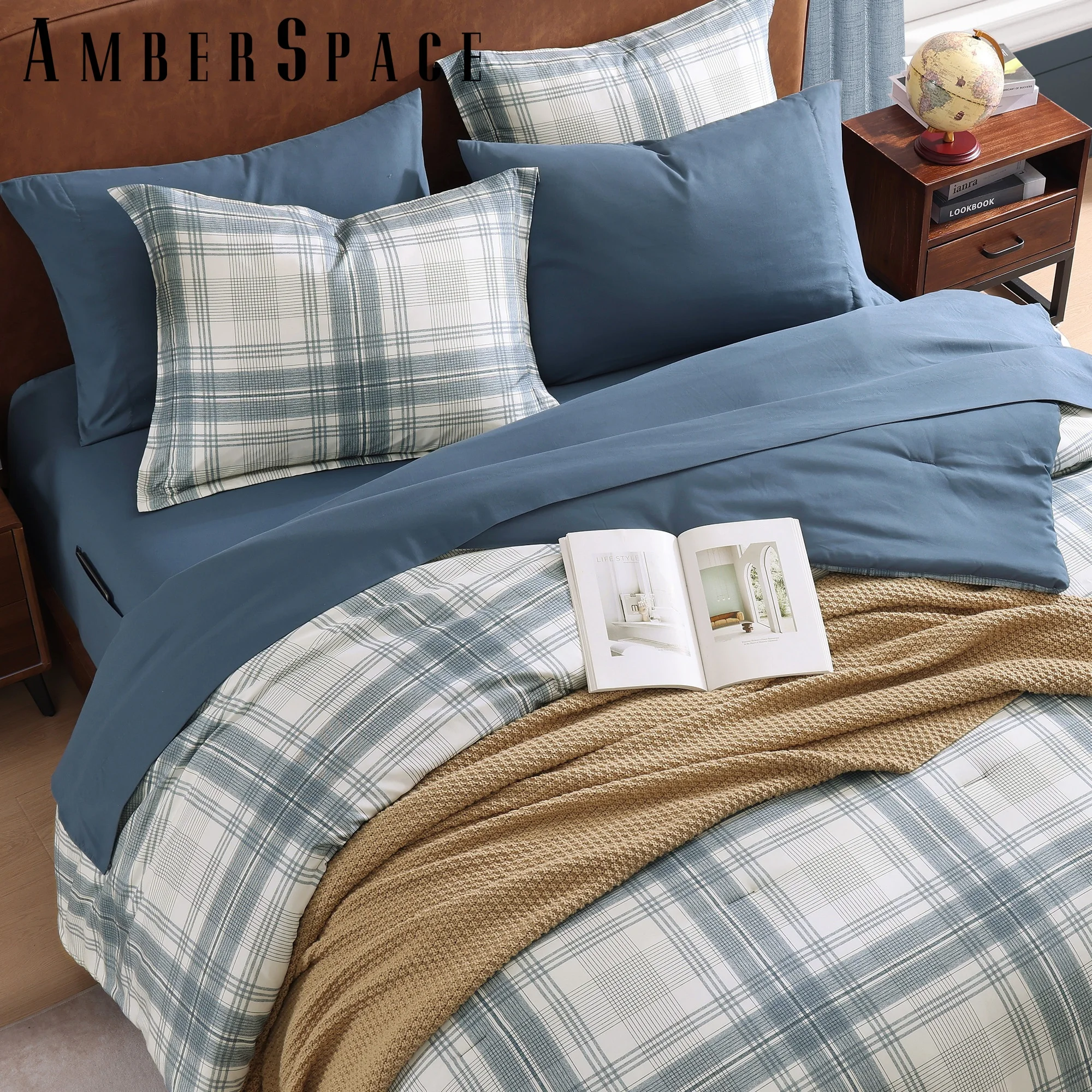 Amberspace Reversible Checkered 5-piece Bed in a Bag Comforter Set with Sheets,Blue Grey,Twin XL