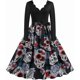 thumbnail image 1 of Vestido elegante para mujer, estilo años 50, estilo retro, vintage, de manga larga, cuello en V, corte en A, estilo Hepburn, estampado de calabaza, calavera y bruja, vestido de cóctel gótico., 1 of 5