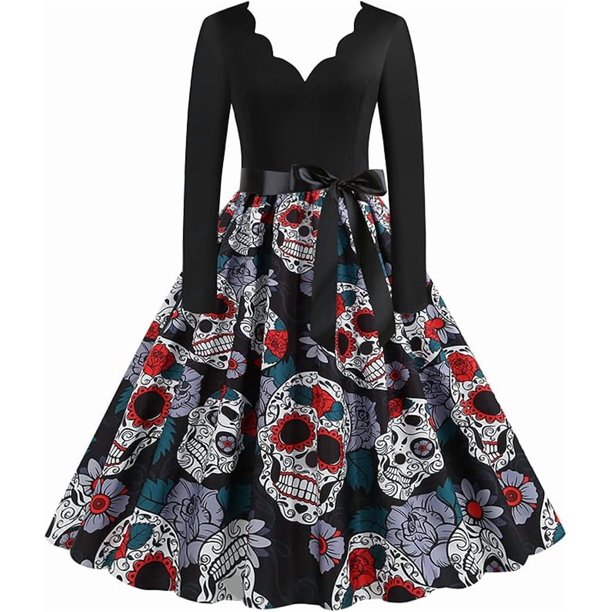 Vestido elegante para mujer, estilo años 50, estilo retro, vintage, de manga larga, cuello en V, corte en A, estilo Hepburn, estampado de calabaza, calavera y bruja, vestido de cóctel gótico.