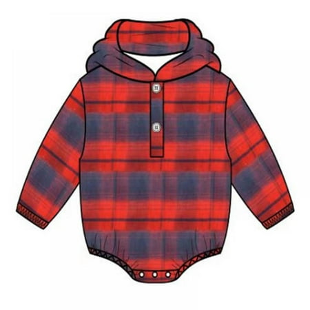 

BULLPIANO Toddler Kids Boys Girls Hooded Plaid Romper Button Baby Plaid Shirt Plaid Bodysuit Clothes