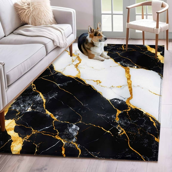 Black Marble Area Rug 3x5 FT, Non Slip Entryway Bedside Carpet, Luxury Gold White Abstract Cracks Artwork Washable Soft Floor Carpet Indoor Mat Non-Shedding Throw Rug for Dorm Kitchen Home Office