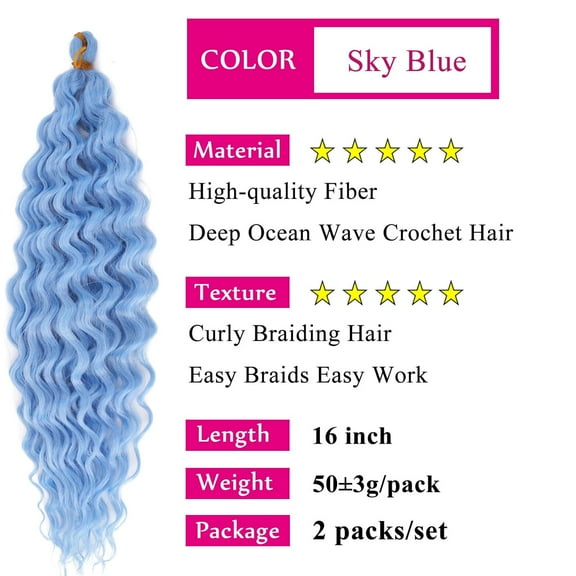 FGERFE-Light Blue Boho Hair for Braiding Deep Ocean Wave Crochet Hair Curly Ocean Wave Wavy Braiding Hair for Black Women 16 Inch Bohemian Soft Curls for Boho Braids Extensions
