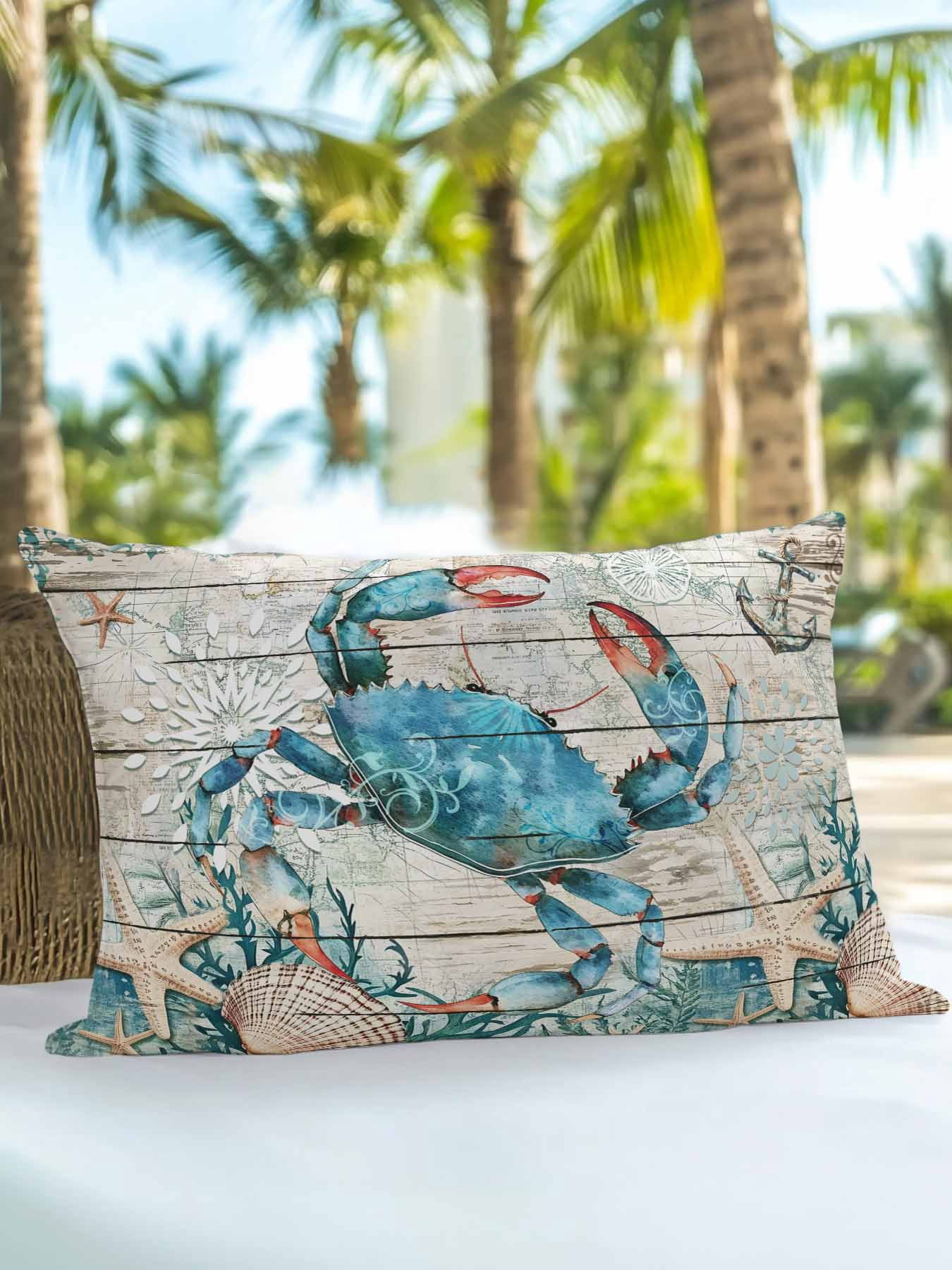 Outdoor Pillows Waterproof, Teal Crab Coastal Bedding Throw Pillows with Insert for Couch Sofa Bed, Summer Beach Nautical Starfish Retro 12x20 Inch Pillowcases Decorative Patio Pillow Set of 1
