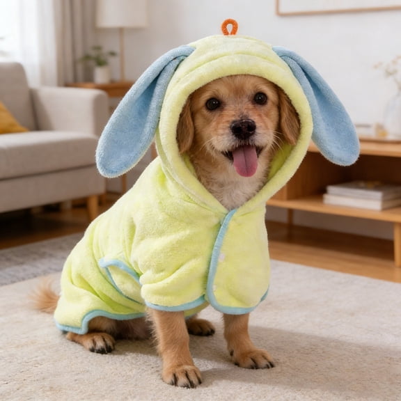 Bunny Ear Hooded Bathrobe Absorbent Microfiber Towel Robe With Sleeves For Dogs And Cats After Bath And Swimming(Yellow-M-31X55X51Cm)