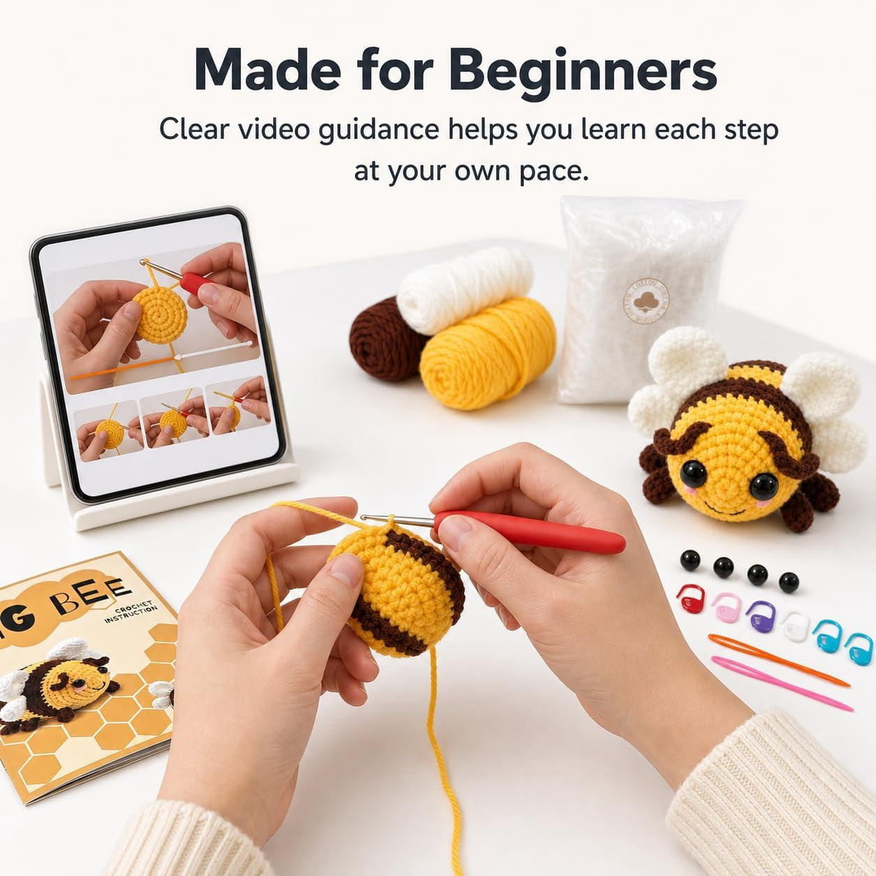 Beginner Crochet Kit, Bee Amigurumi Crochet Kit with Yarn, Hook, Stuffing and Tools, DIY Craft Kit to Make 2 Cute Plush Bees, Step-by-Step Crochet Project for Adults, Teens & Beginners, Handmade Gift