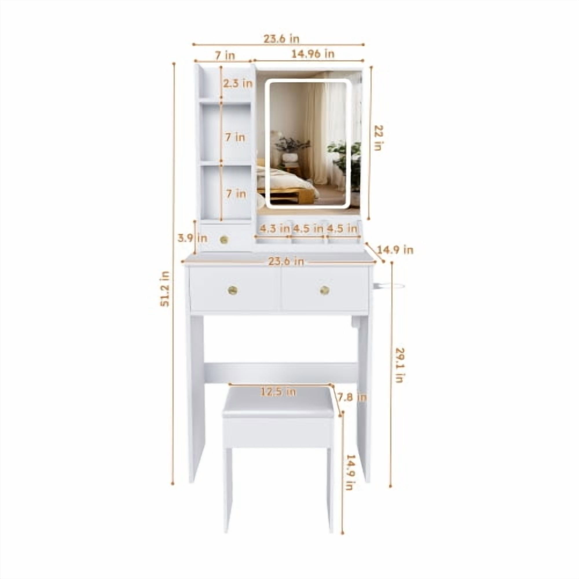 Modern Vanity Desk Set with LED Lighted Mirror, 3 Color Lighting Modes Adjustable Brightness, Built-in Power Outlet & Hair Dryer Holder, Drawers & Open Storage Shelves, Dressing Chair, White