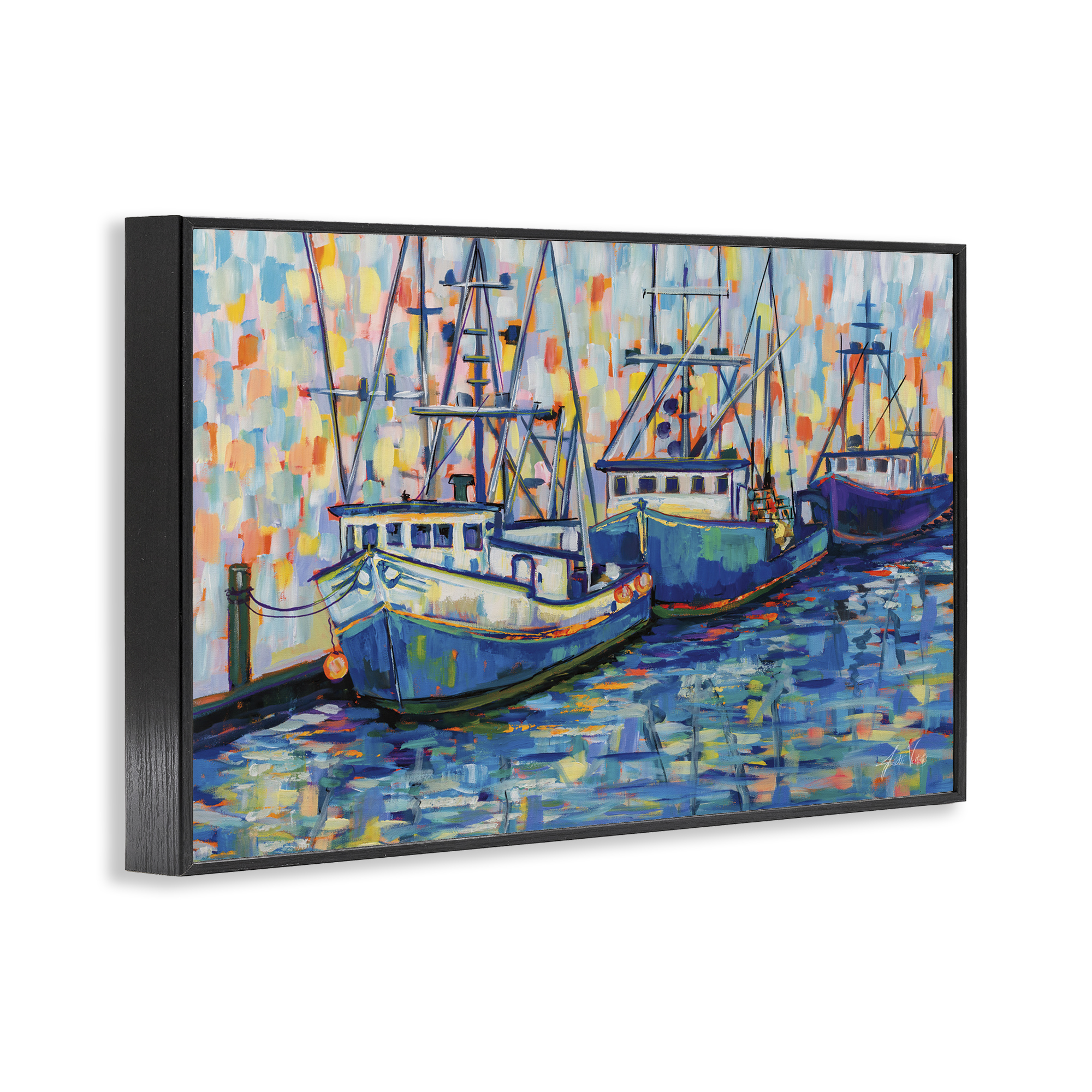 Stupell Industries Vivid Boats in Harbor Transportation Painting Black Framed Art Print Wall Art, 30 x 20
