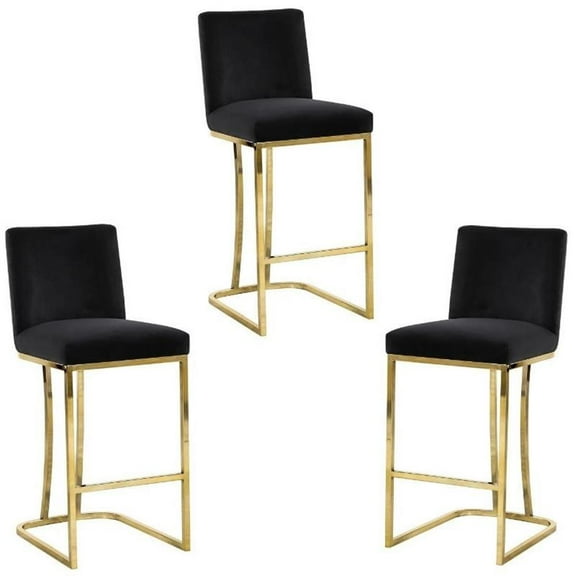 Home Square 3 Piece Gold Metal Base Velvet Counter Height Stool Set in Black