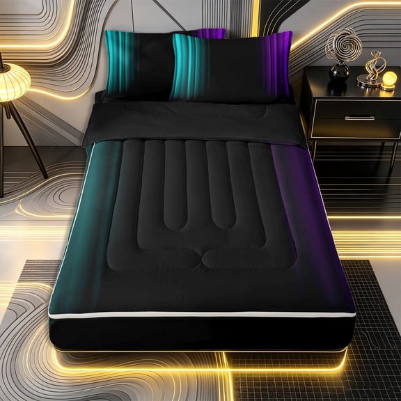 Erosebridal Futuristic Stripes Zipper Twin Comforter Sets with Fitted Sheet and 2 Pillowcases,Gradient Ombre Pattern Zipper Bedding Set,Teal Purple Black,Black Reversible