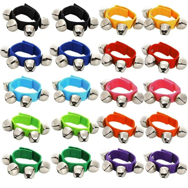 Wrist Jingle Bells Bracelet Set | Ankle or Wrist Bell Bands | Adjustable Strap | 4 Metal Bells | Percussion Instrument for Party & Christmas | 2 Pack | 22cm Length | Bright Festive Colors