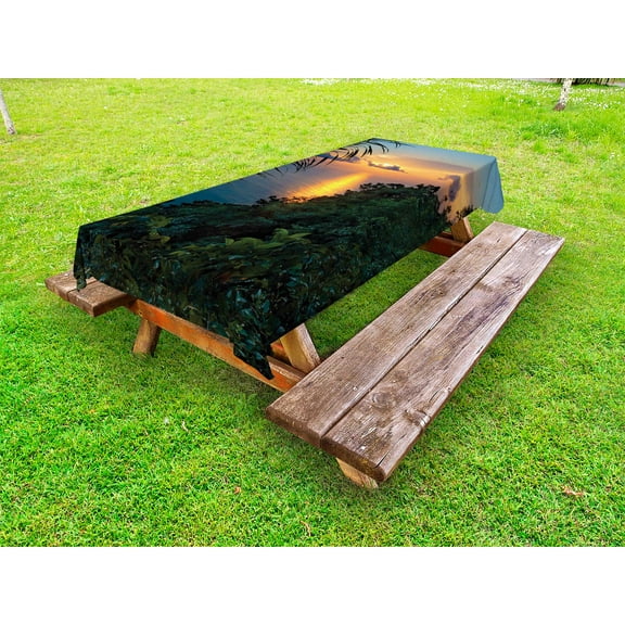 Rainforest Outdoor Tablecloth, Rainforest Sunrise on Ocean Seaside Hills Tropical Plants Leaves Print, Decorative Washable Fabric Picnic Tablecloth, 58 X 120 Inches, Green Blue Orange, by Ambesonne