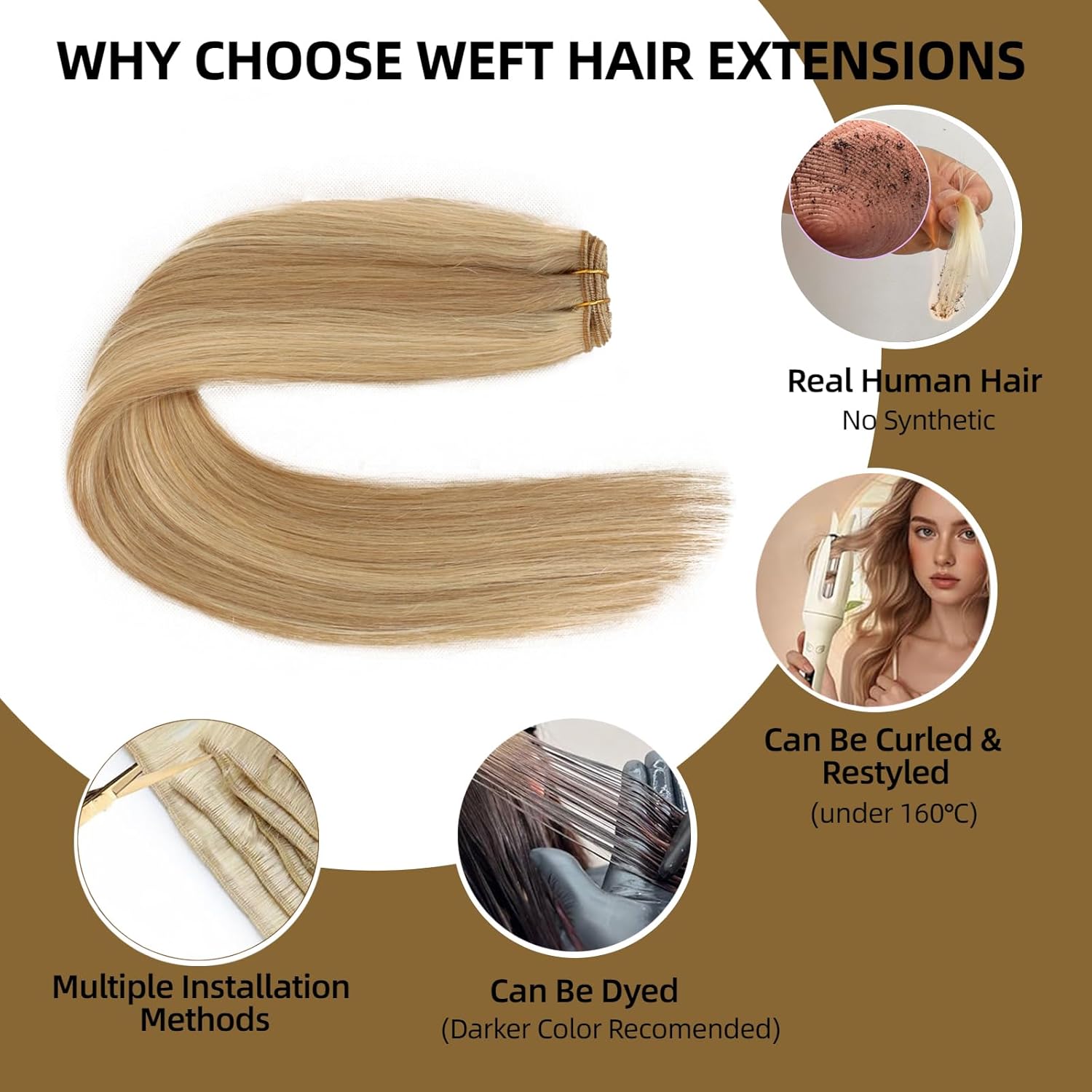 Sew in Hair Extensions Real Human Hair, 110g 22 inch Ash Blonde Highlighted 613 Bleach Blonde Human Hair Weave Extensions Remy Straight Bundles Double Weft