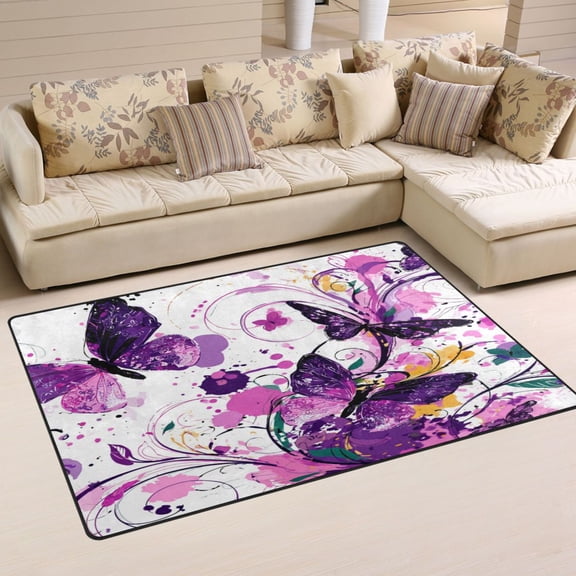 Non-Slip Area Rug 31"x20" Indoor Washable Floor Mats Carpet Printed for Living Room, Bedroom, Home Decor Purple Butterfly