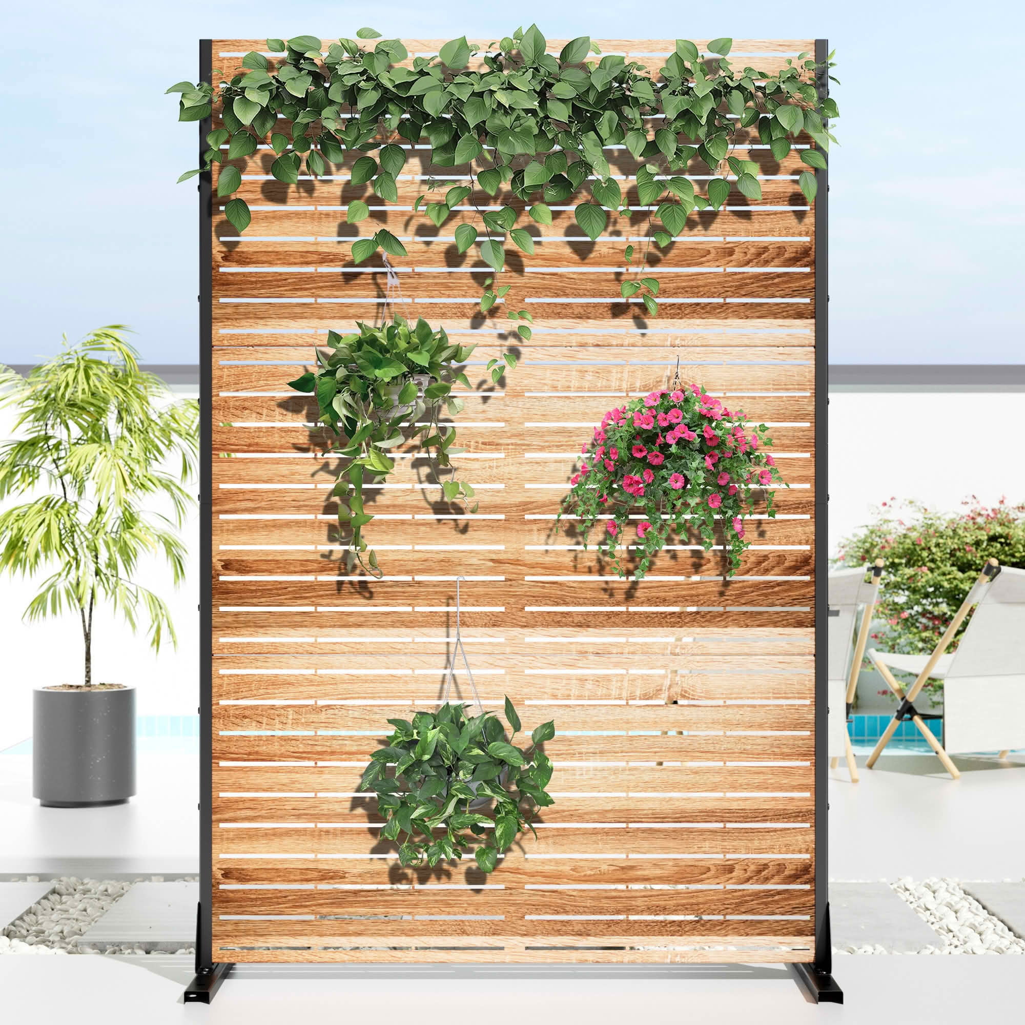 MAYEERTY 72x47x16 Inch Natural Wood Grain Louvered Galvanized Steel Privacy Screen, 6 Piece Set for Outdoor Patio