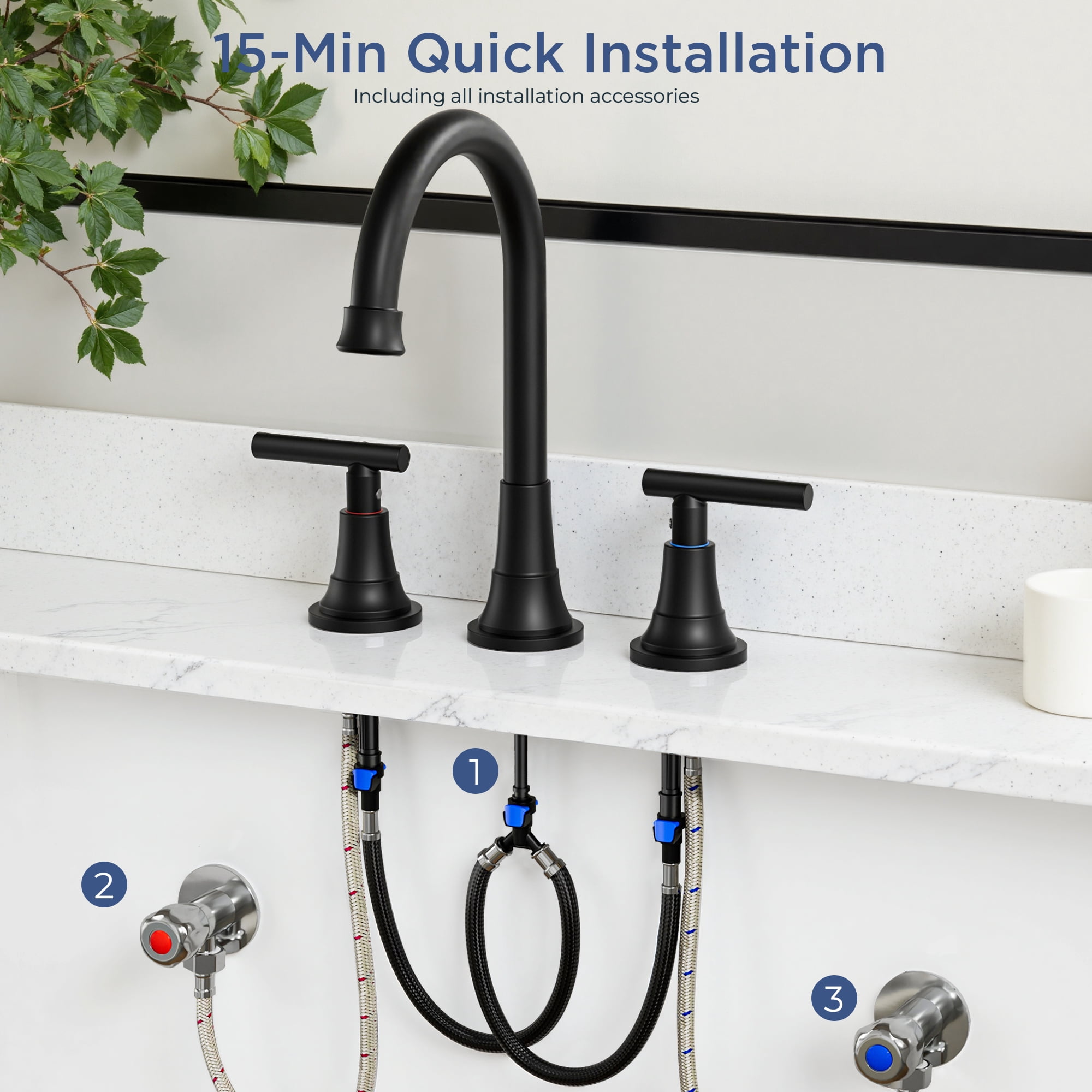 TVOFEK 8 inch Widespread Bathroom Sink Faucet 3 Hole with Pop up Drain and cUPC Hose, 2 Handle Matte Black Vanity Faucet with 360° Spout for Restroom, RV, Bar