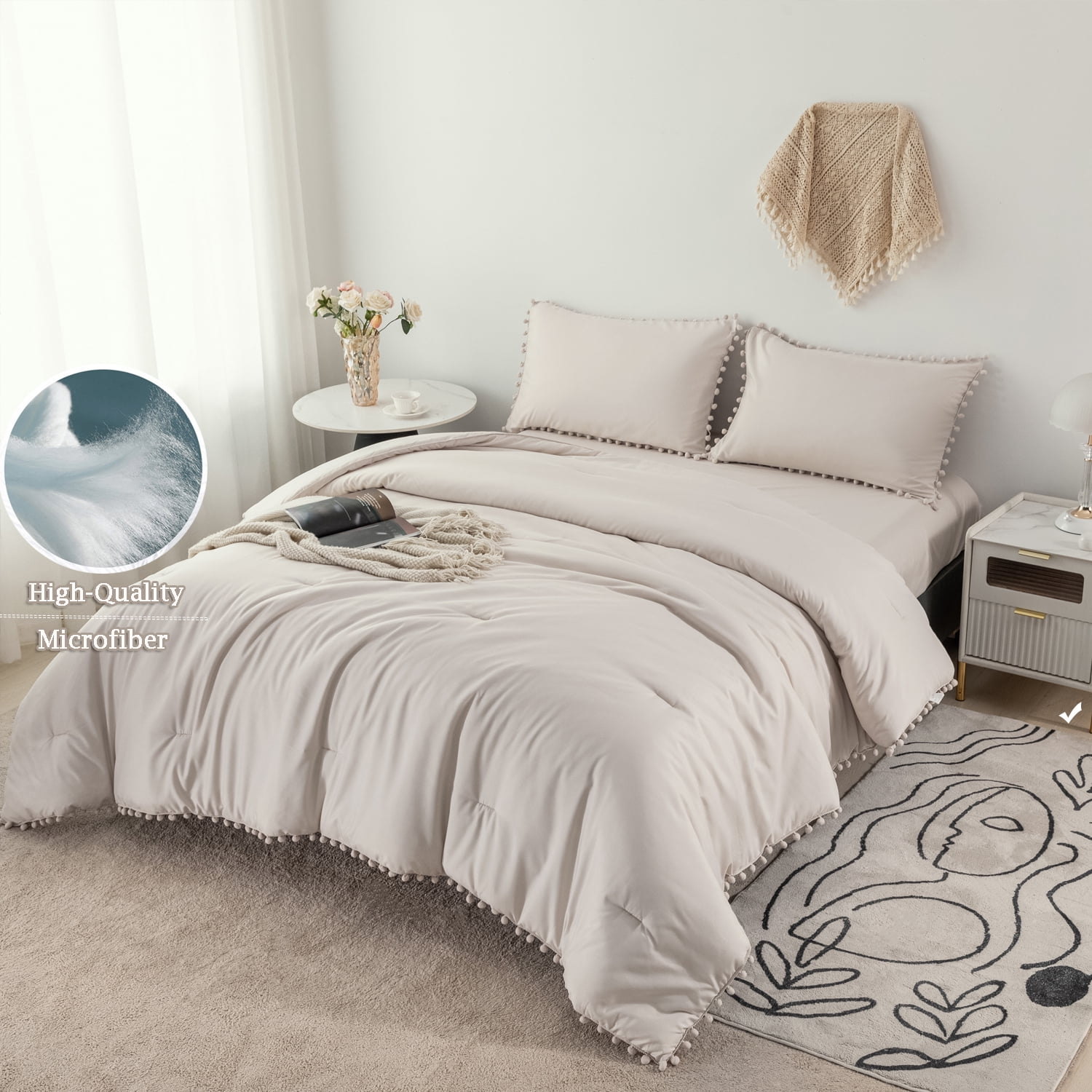 RYNGHIPY Boho 3-Pieces Beige Grey Solid Comforter Bedding Sets, Twin