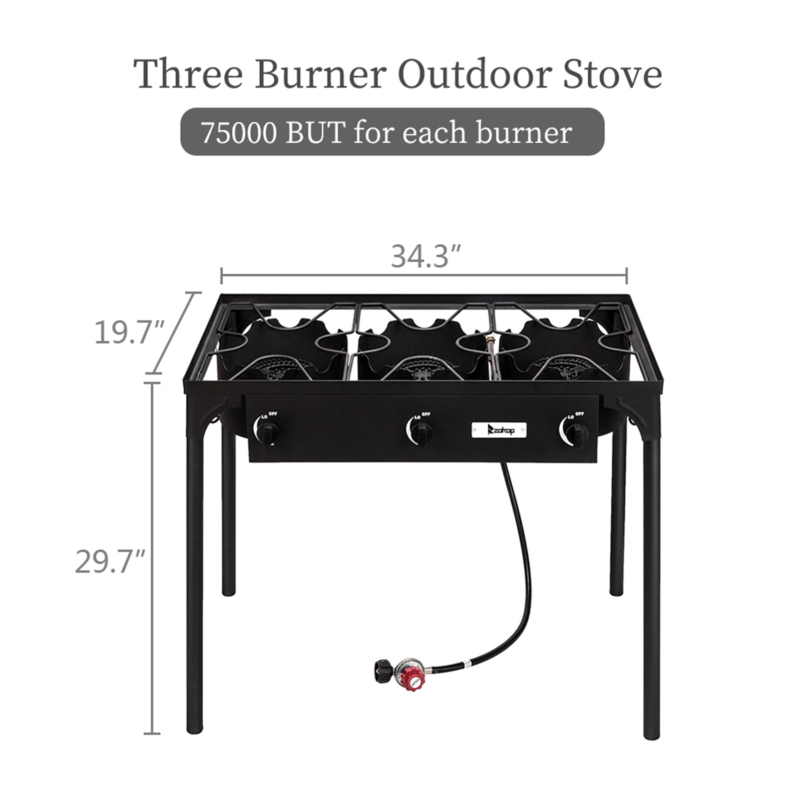 Outdoor Camp Stove, Three Burner Stove, 225, 000 BTU Portable High Pressure Propane-Powered Cooktop with Removable Legs, Portable Cast Iron Patio Cooking Burner Gas Cooker - image 2 of 9
